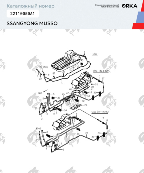 Топливный бак SsangYong Musso (NB) - 70 л.